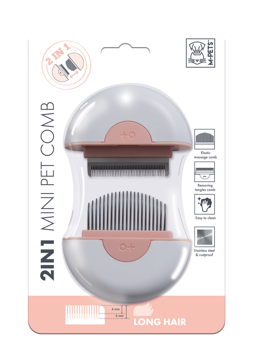 Pettine 2 in 1 per animali domestici a pelo lungo - Rosa