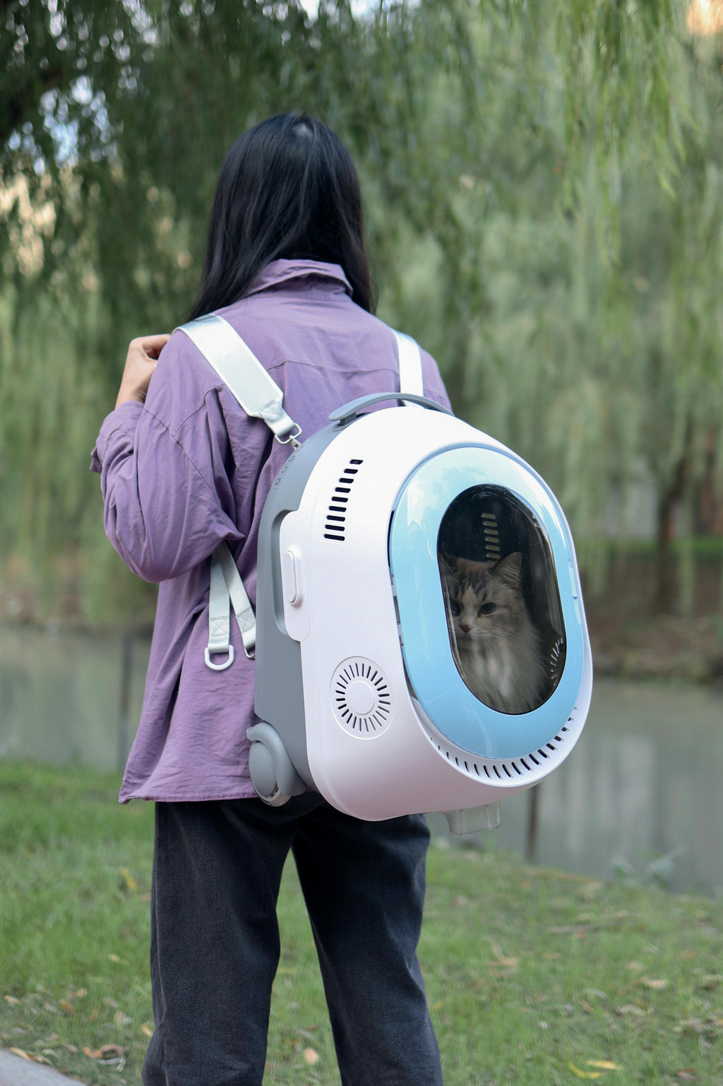 Zaino da viaggio per animali TROLLEY bianco e blu