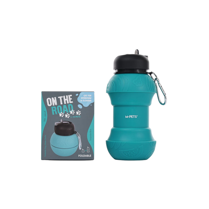 On the road Foldable dog water bottle 200ml-550ml 2 in 1 Turquoise Blue Color