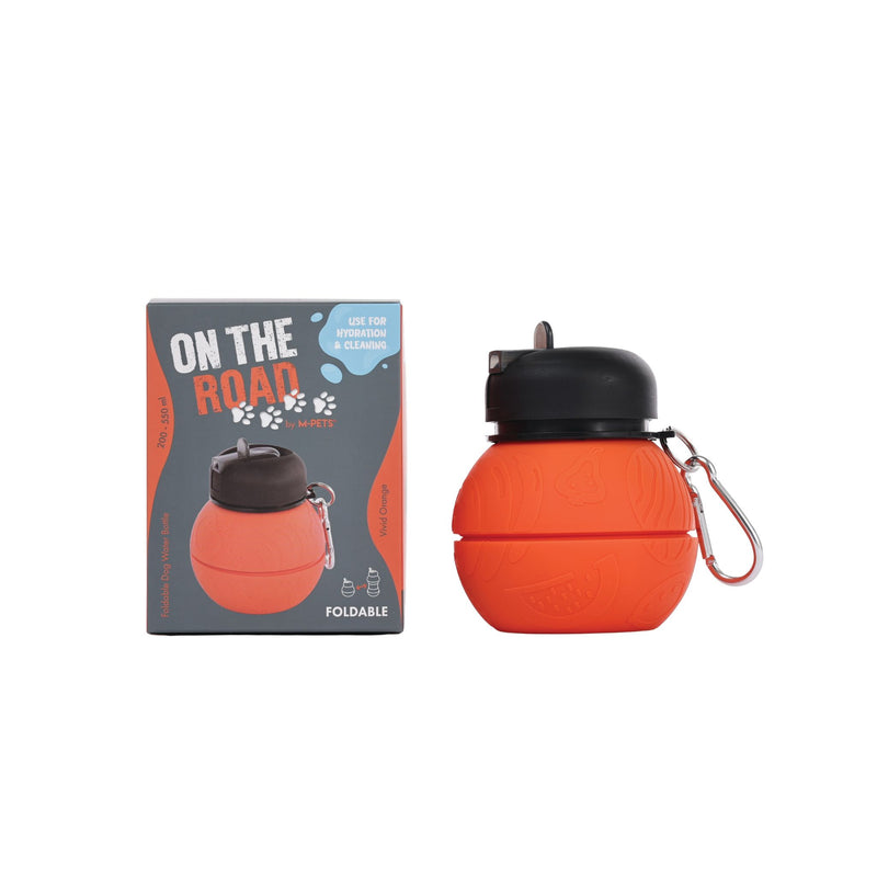 On the road Foldable dog water bottle 200ml-550ml 2 in 1 Vivid Orange Color