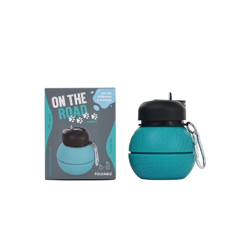 On the road Foldable dog water bottle 200ml-550ml 2 in 1 Turquoise Blue Color